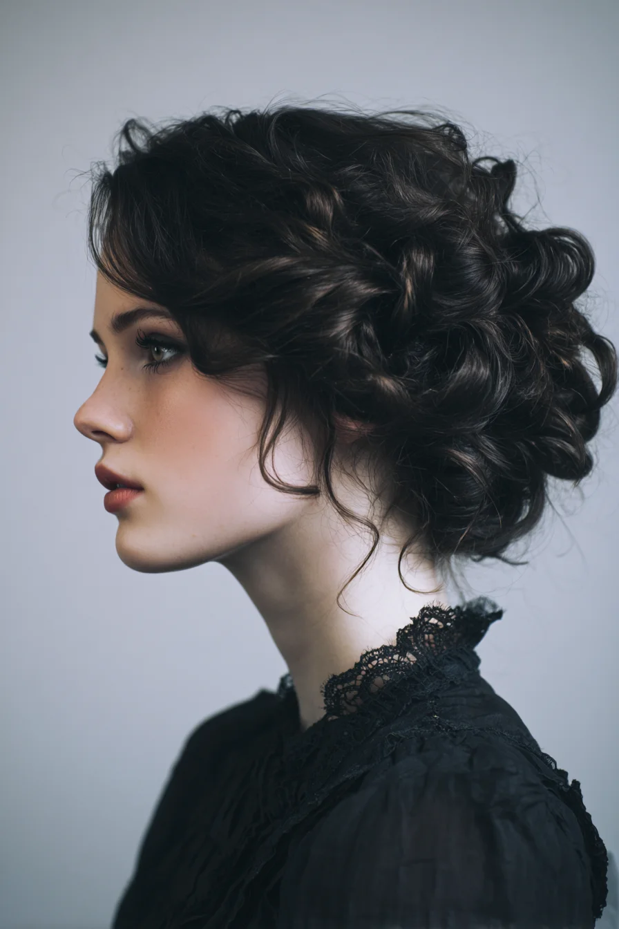 Romantic Curly Low Updo with Face‑Framing Tendrils