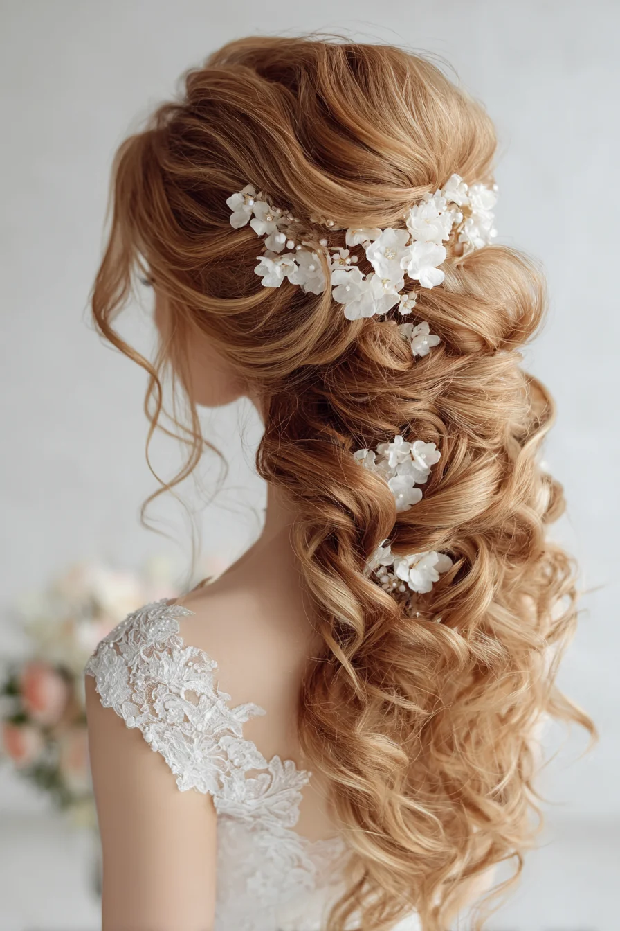 Romantic Half-Up Curly Bridal Hairstyle with Floral Accents