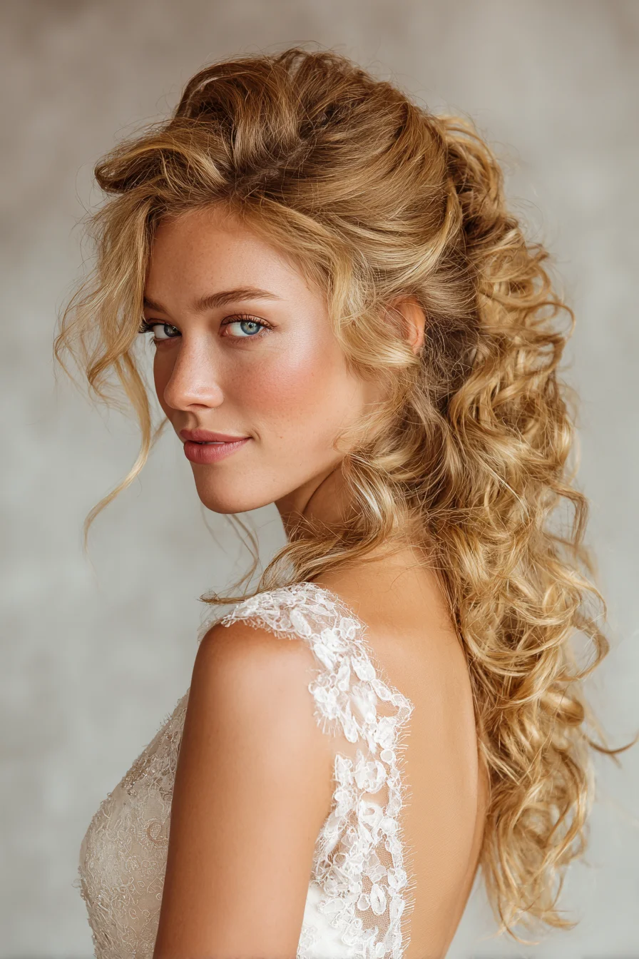 Romantic Half-Up Curly Bridal Hairstyle with Voluminous Crown