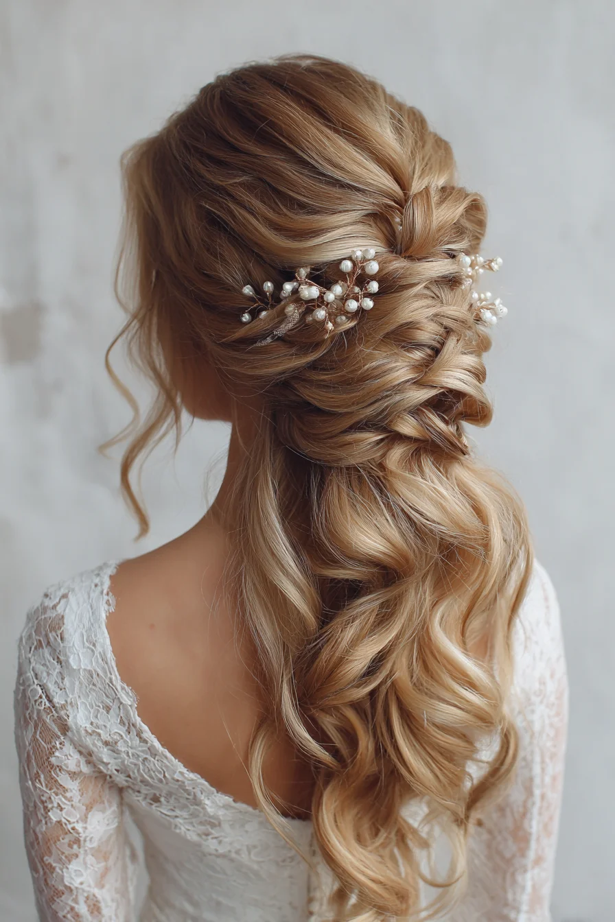 Romantic Half-Up Twisted Bridal Hairstyle with Soft Curls & Pearl Pins