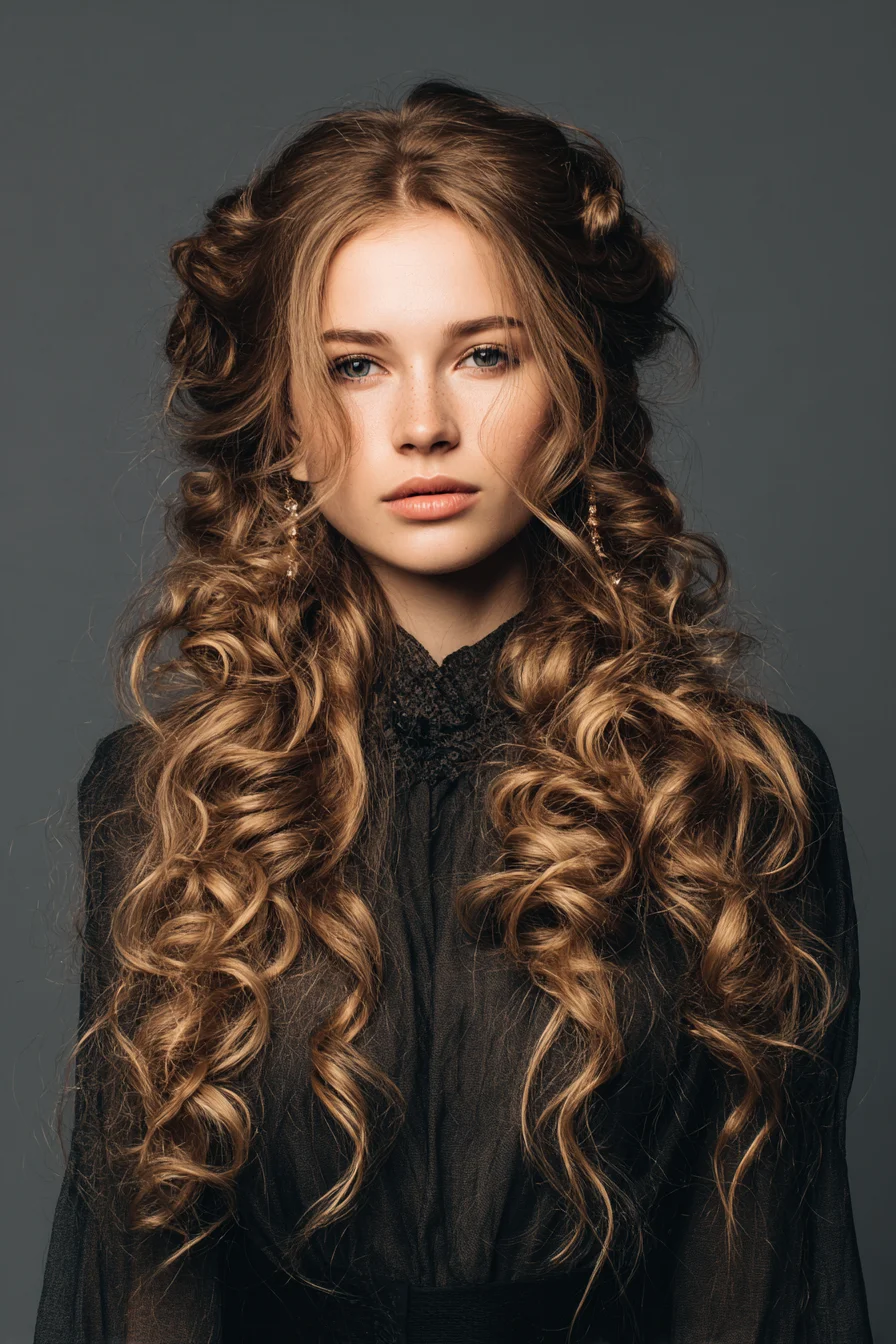 Romantic Long Layered Curls with Half-Up Twisted Crown