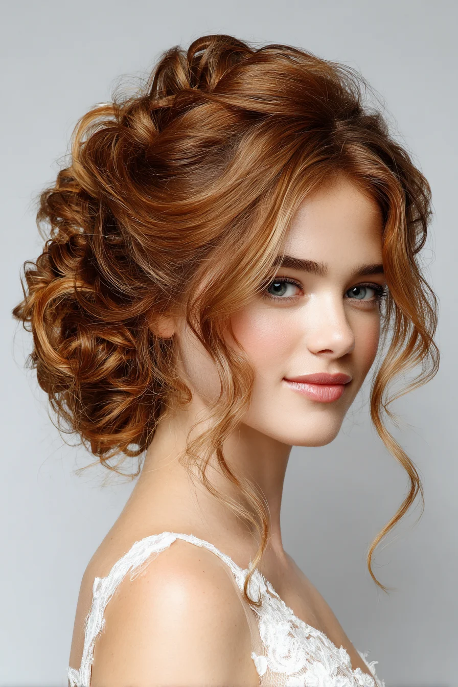 Romantic Loose Curly Updo with Face‑Framing Tendrils