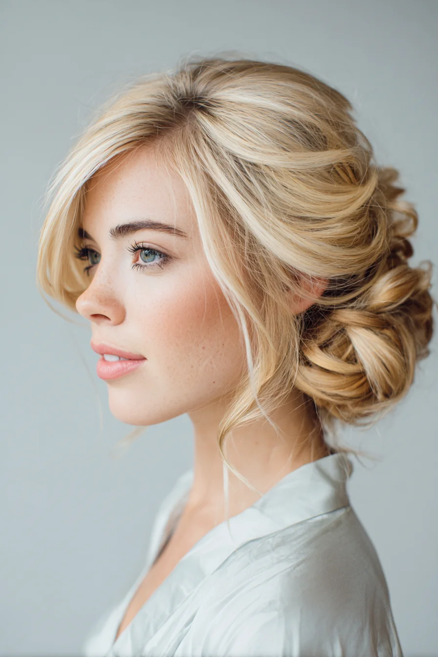Romantic Low Textured Bun with Face‑Framing Tendrils