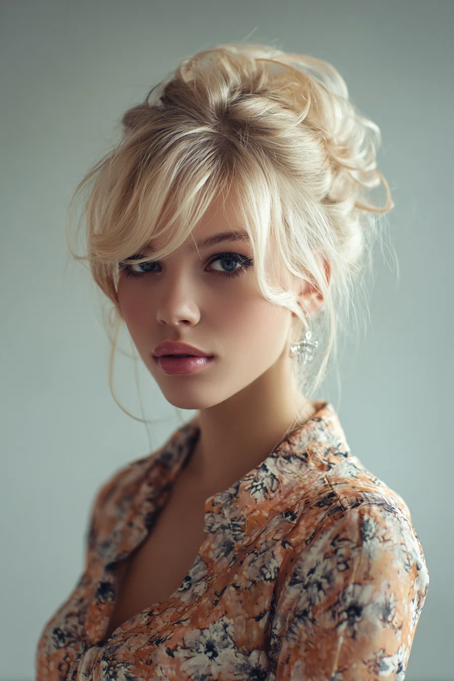 Romantic Messy Bouffant Updo with Curtain Bangs