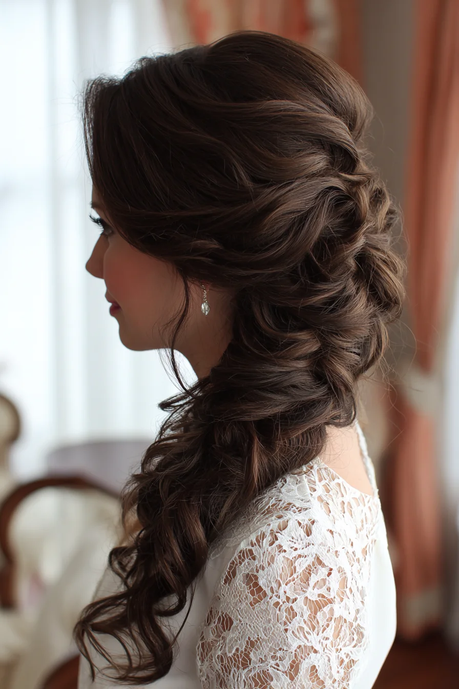Romantic Side‑Swept Twisted Braid Updo for Long, Wavy Hair