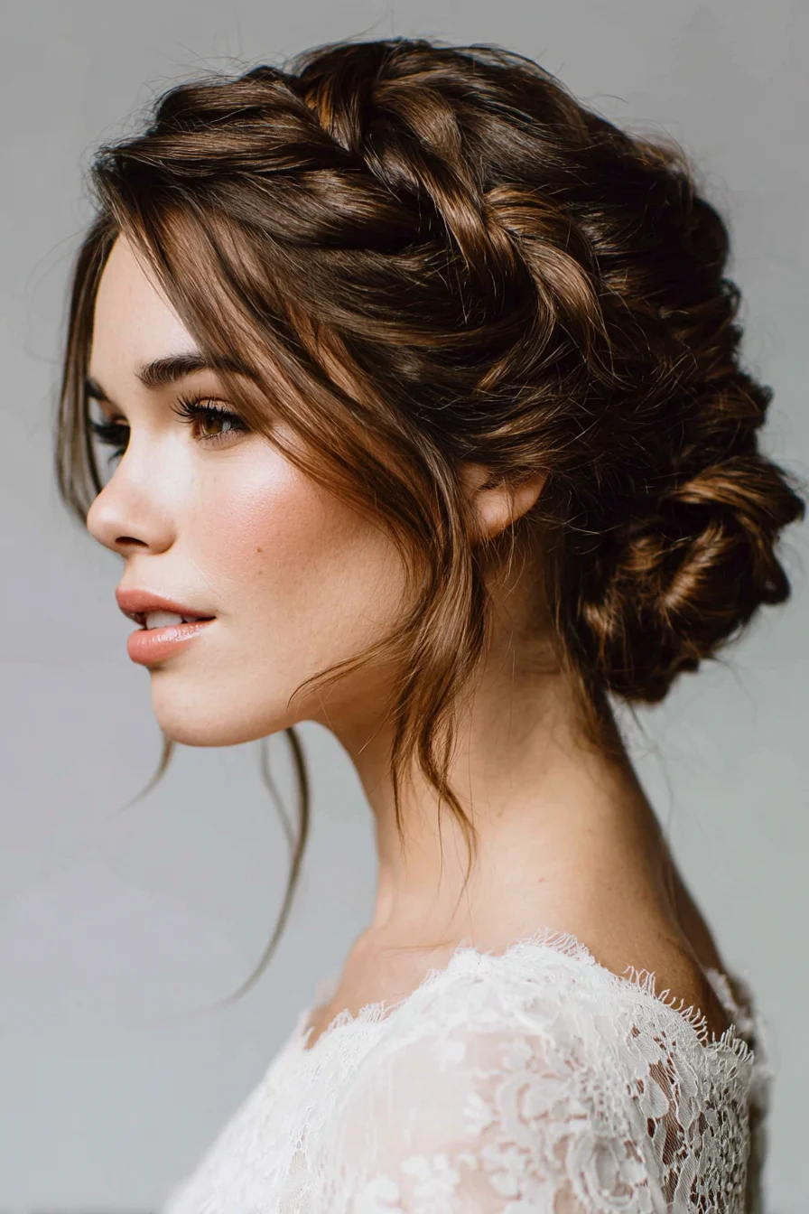 Romantic Textured Braided Low Chignon with Face‑Framing Tendrils