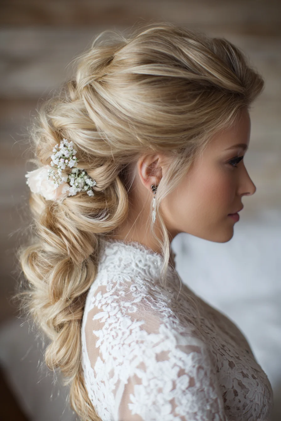 Romantic Textured Braided Ponytail with Floral Accents for Medium-Long Hair