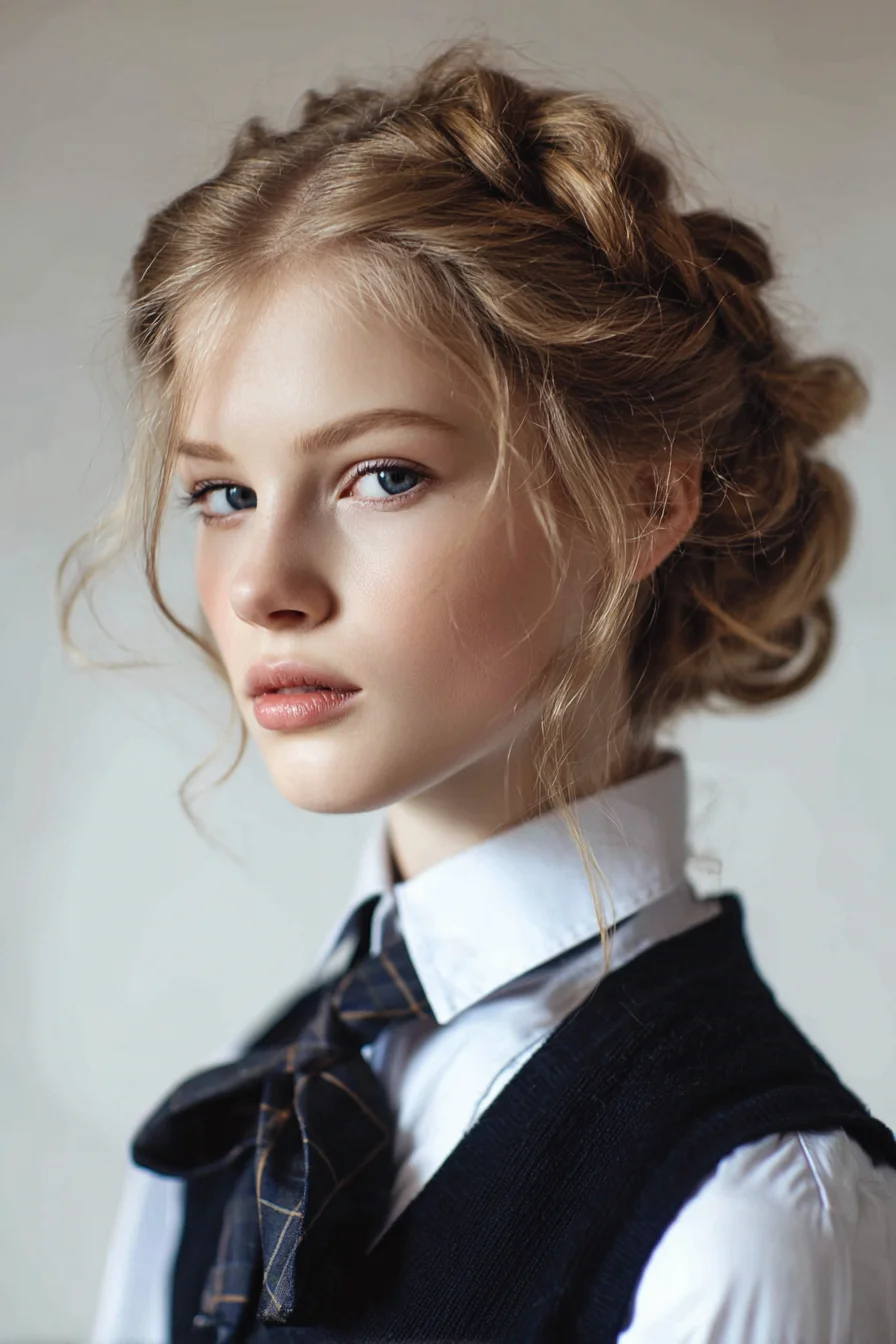 Romantic Textured Braided Updo with Face‑Framing Tendrils