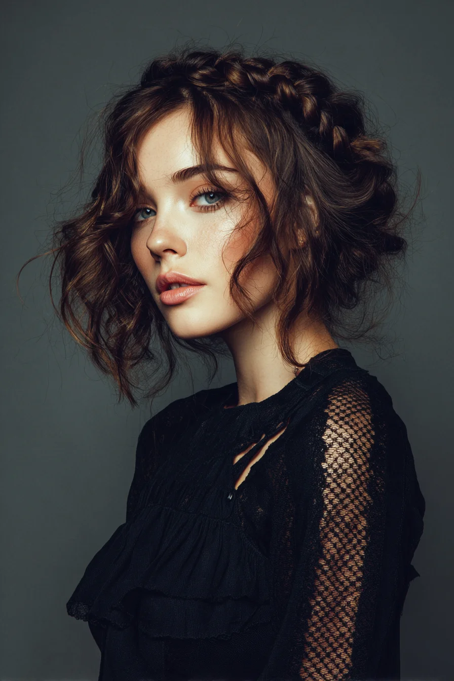 Romantic Textured Crown Braid Updo with Loose Face‑Framing Waves