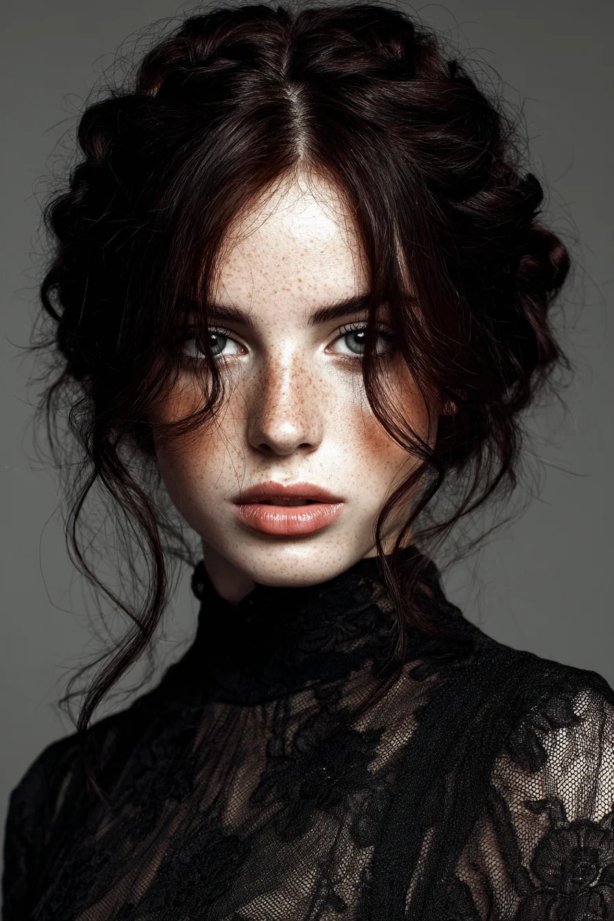 Romantic Textured Crown Updo with Face‑Framing Tendrils