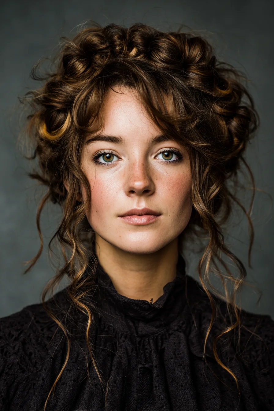 Romantic Textured Curly Updo with Face‑Framing Tendrils