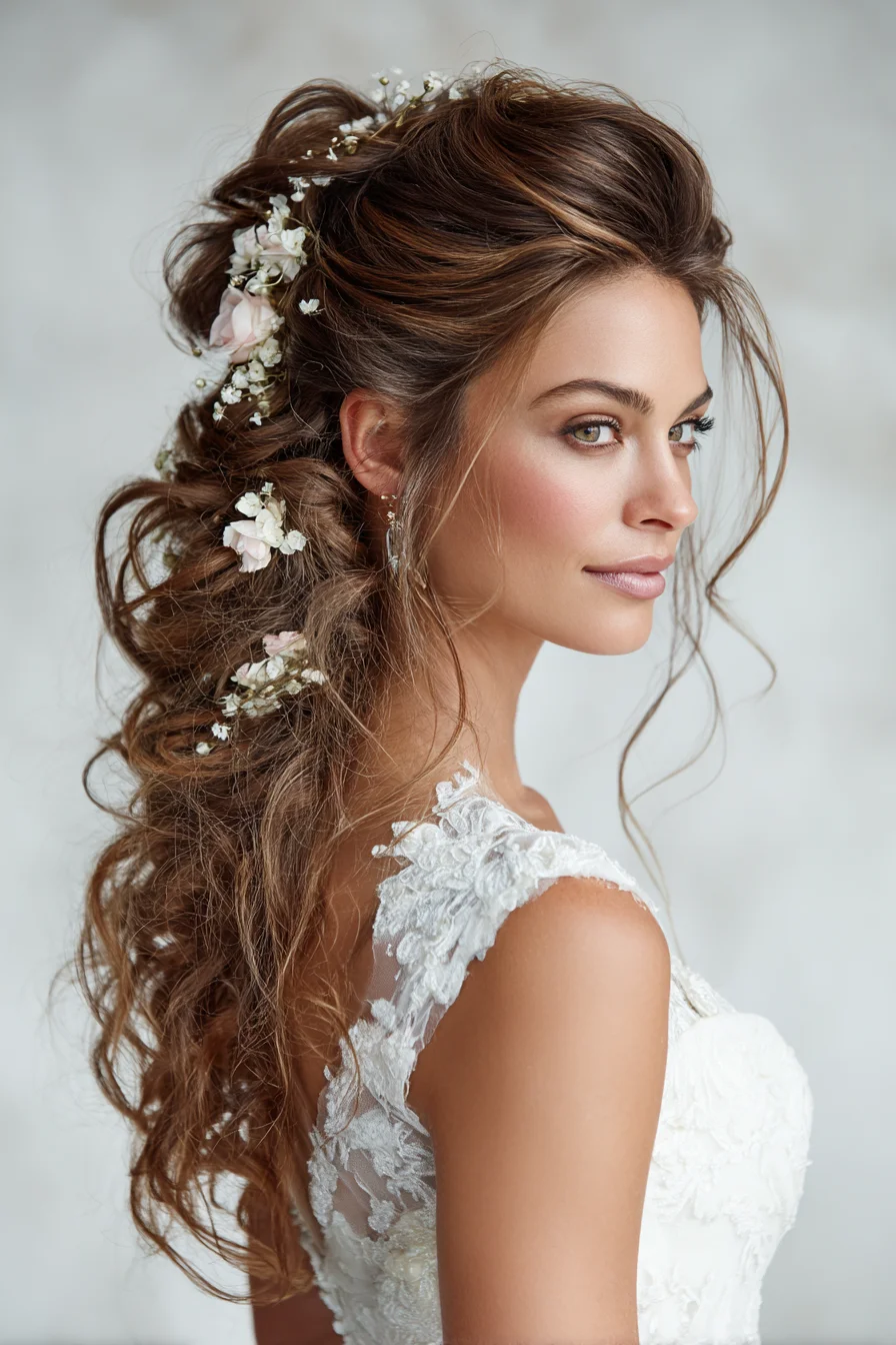 Romantic Textured Half-Up Bridal Hairstyle with Soft Curls and Floral Accents
