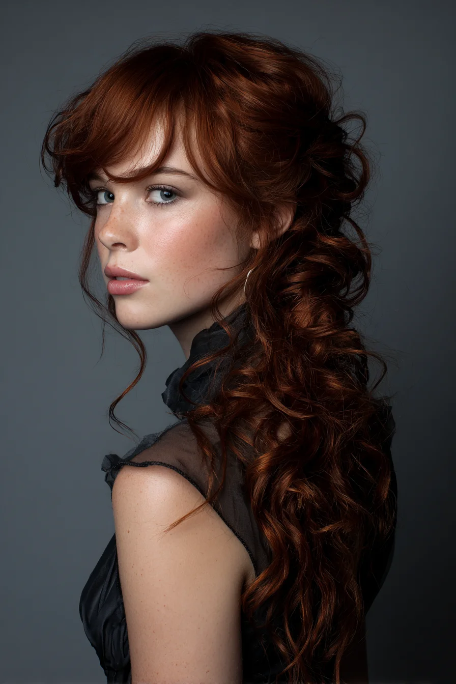 Romantic Textured Half-Up for Long Wavy Hair with Soft Fringe