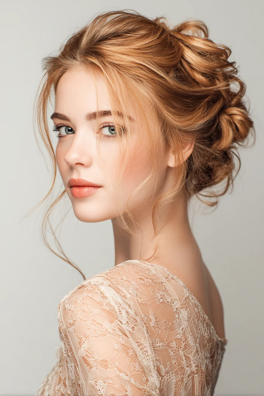 Romantic Textured Low Updo with Face‑Framing Tendrils