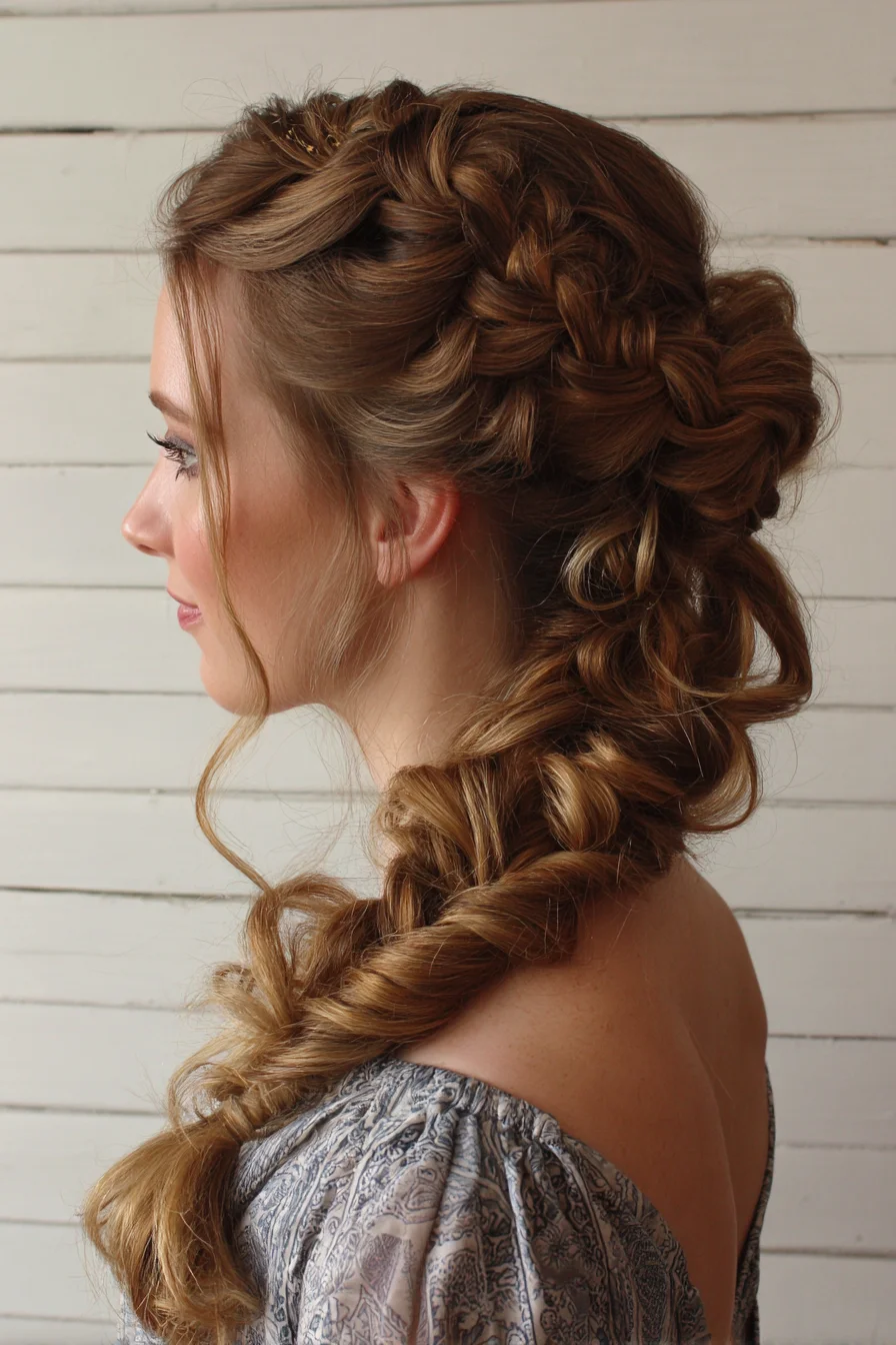 Romantic Textured Side Braid with Crown Braid and Loose Tendrils