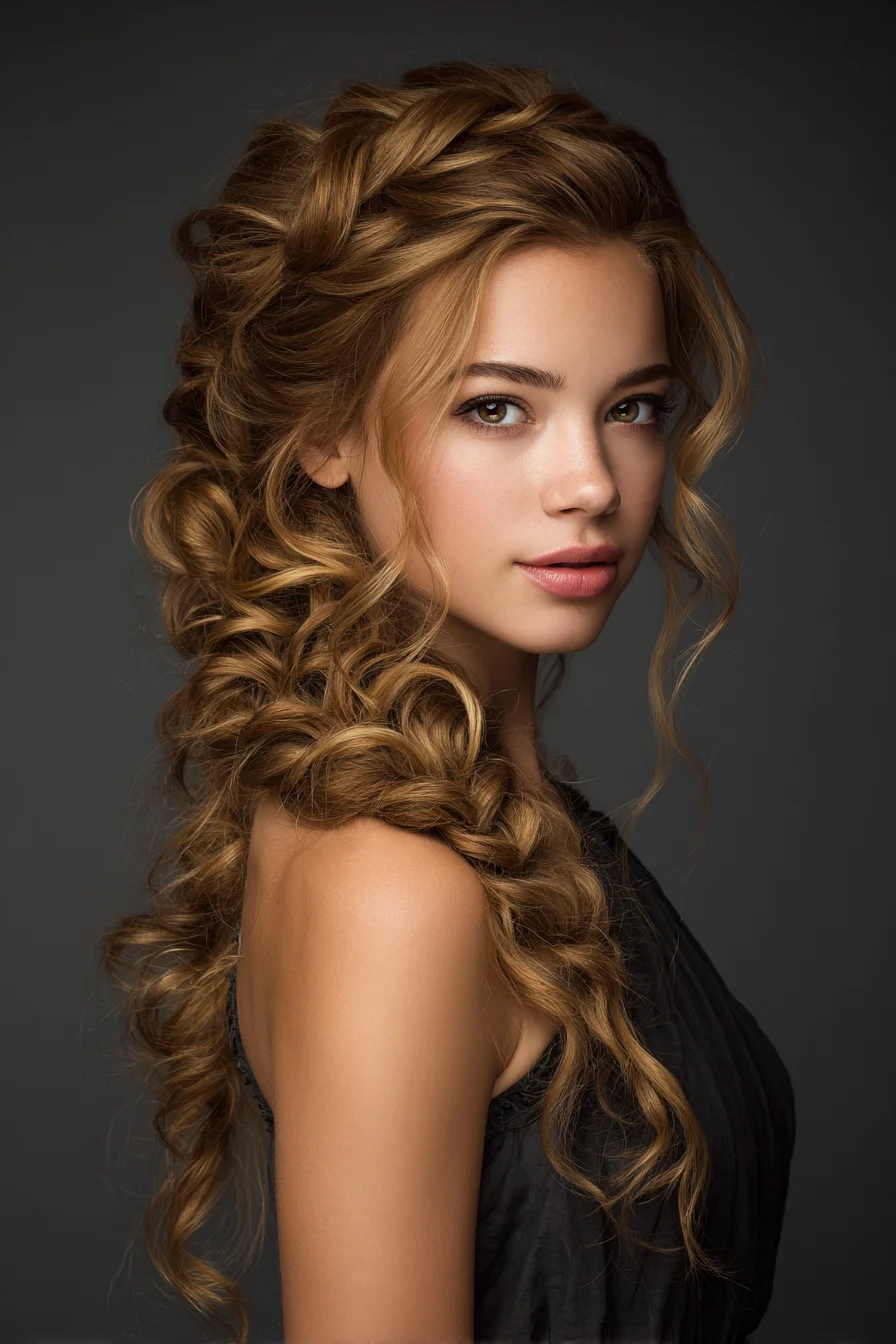 Romantic Textured Side Braid with Loose Curls