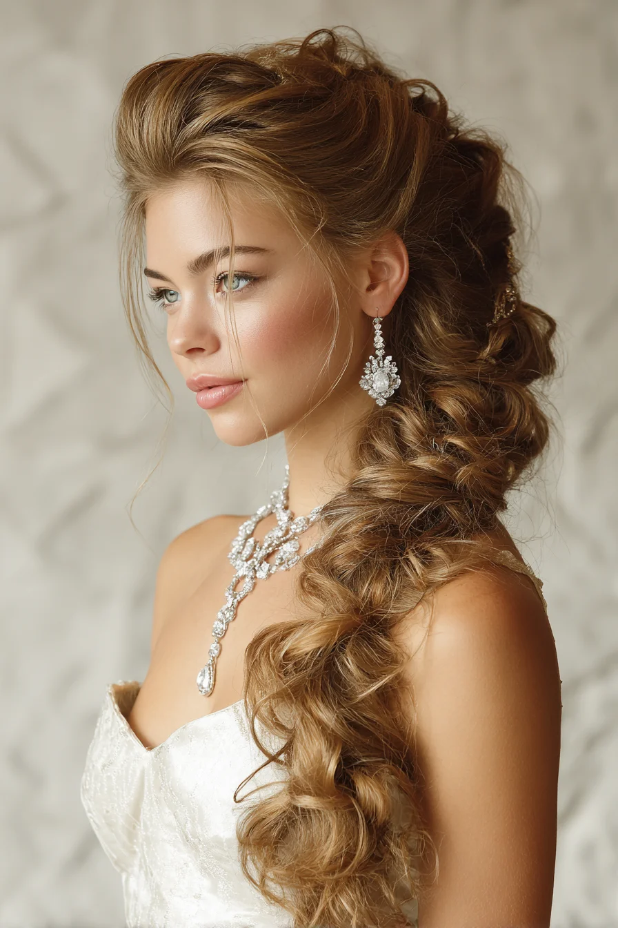 Romantic Textured Side Cascade Braid with Loose Curls
