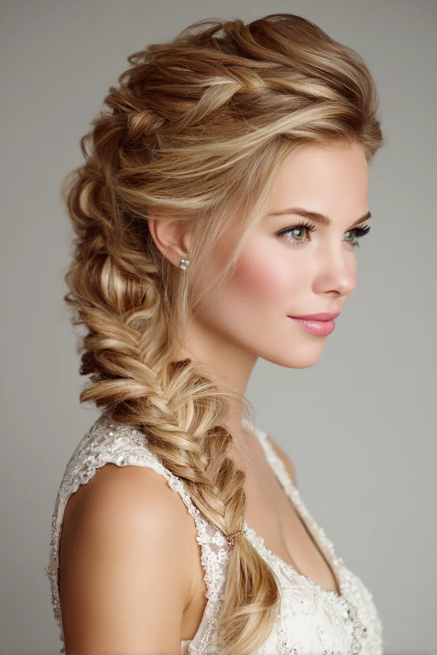 Romantic Textured Side Fishtail Braid with Face‑Framing Layers