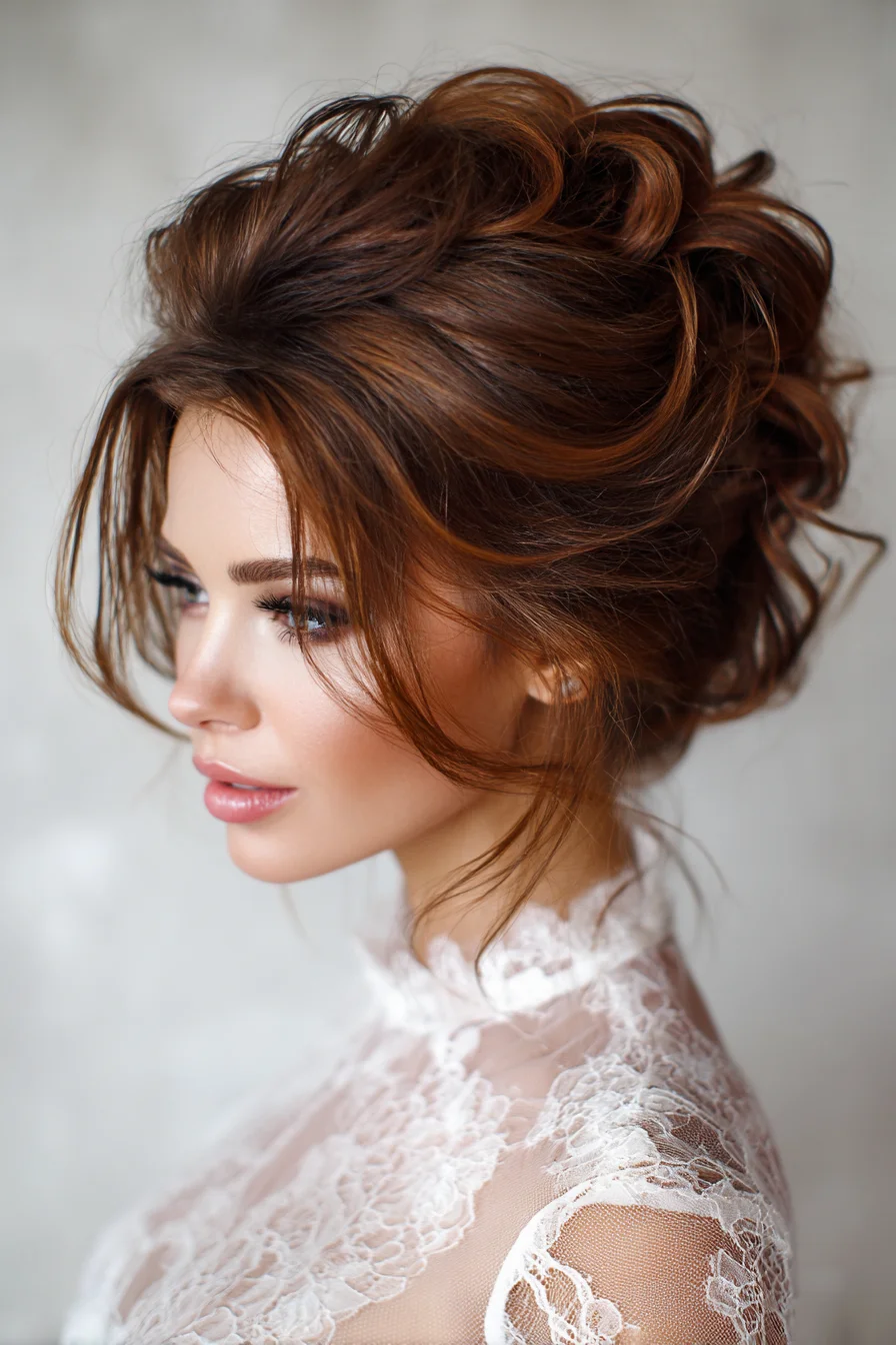 Romantic Textured Voluminous Messy Updo with Face‑Framing Tendrils