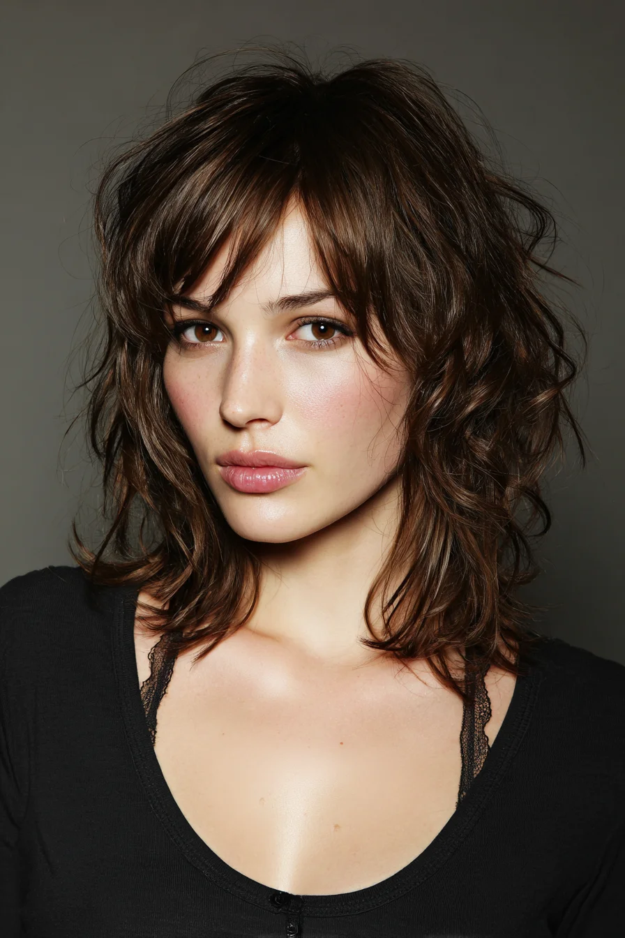 Shaggy Layered Lob with Face‑Framing Bangs and Tousled Texture