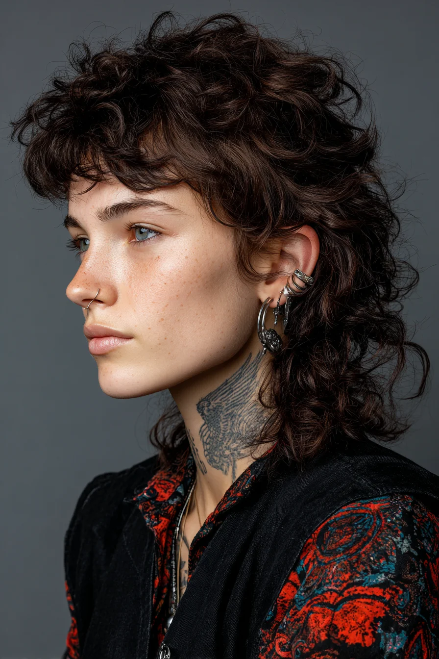 Short Curly Shag Mullet with Textured Fringe