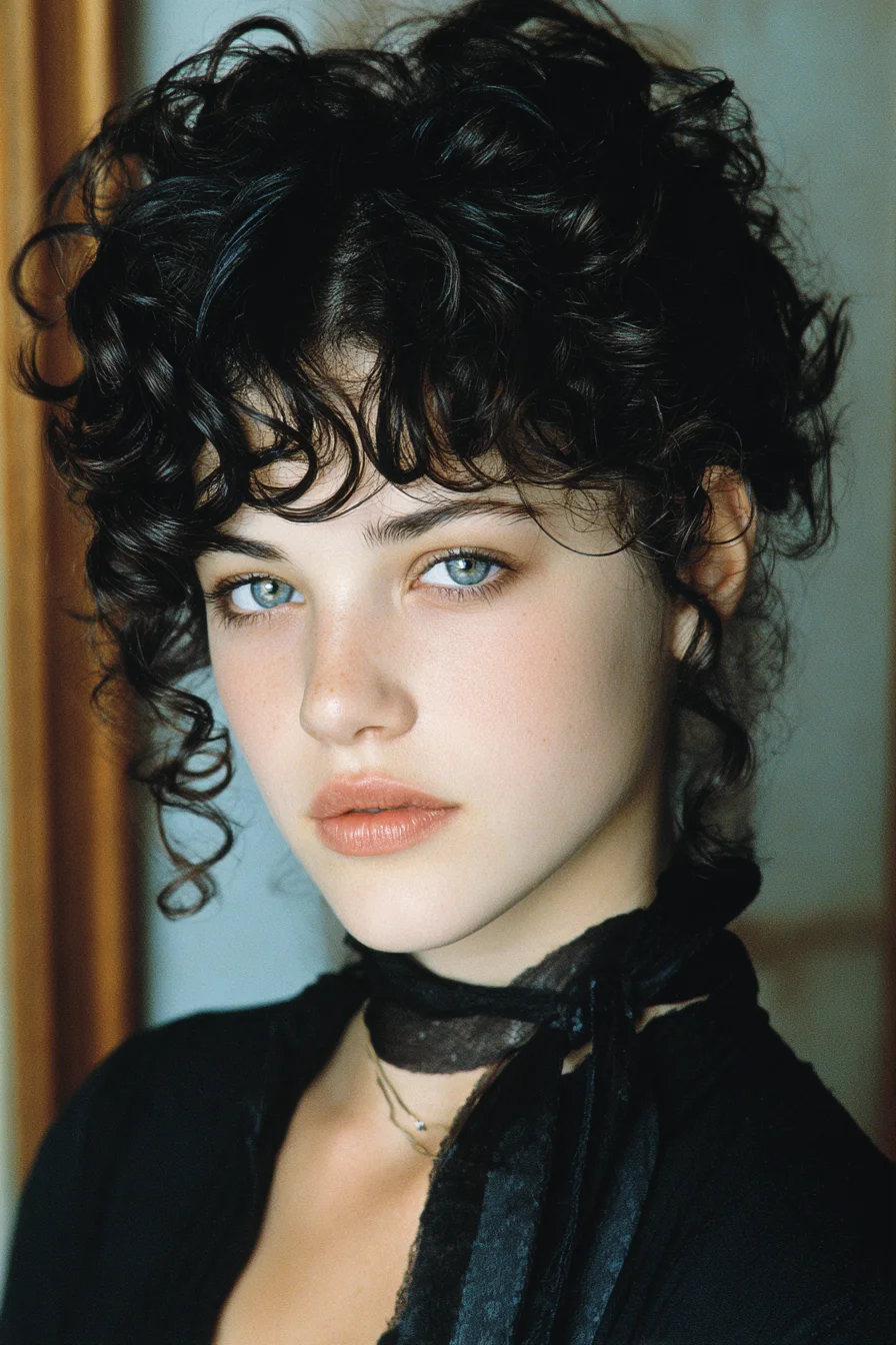 Short Curly Shag with Micro Bangs — Tousled Voluminous Curls