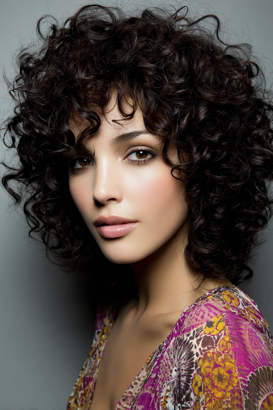 Short Layered Curly Bob with Soft Curtain Bangs