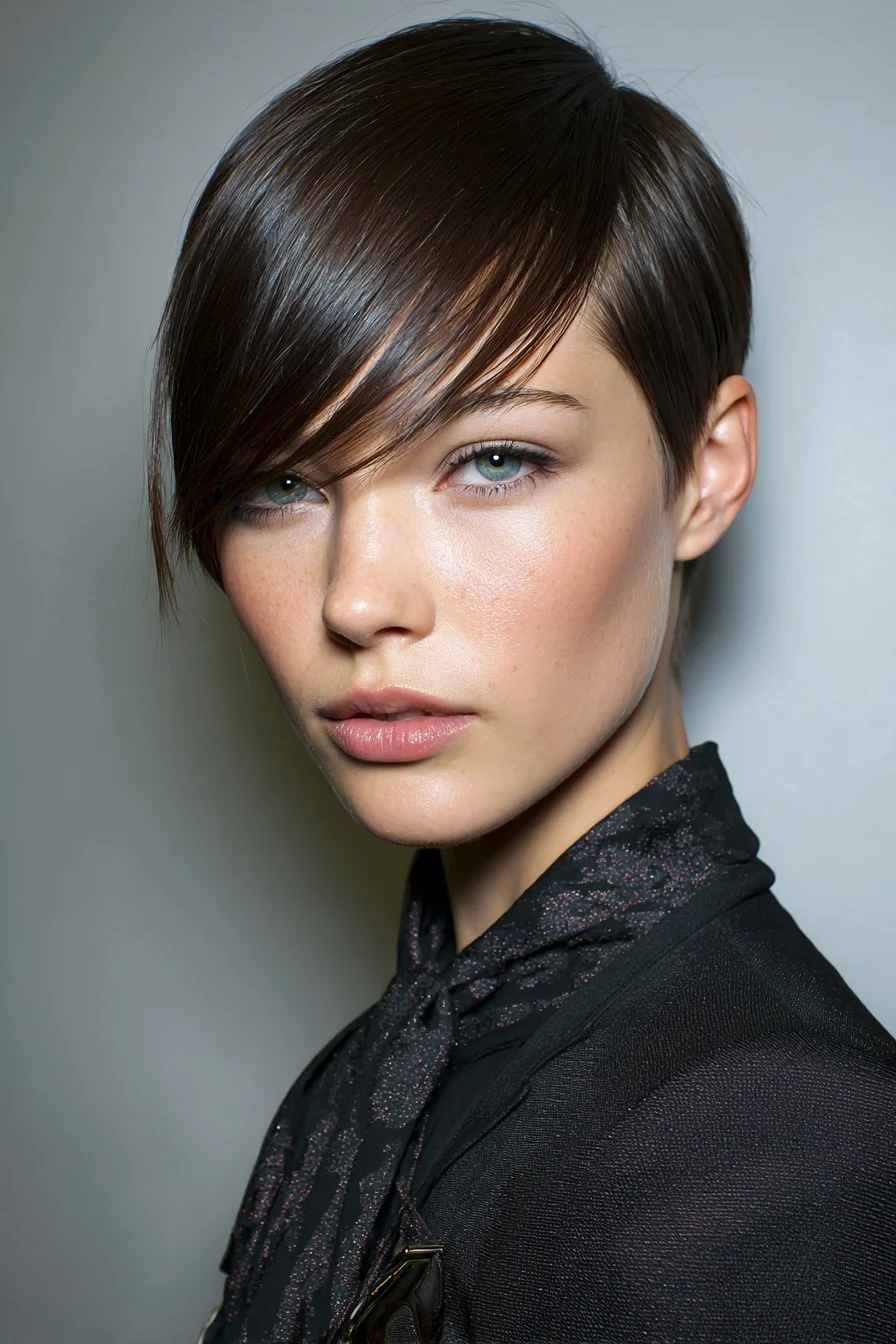 Short Pixie with Long Side‑Swept Fringe — Sleek Textured Crop