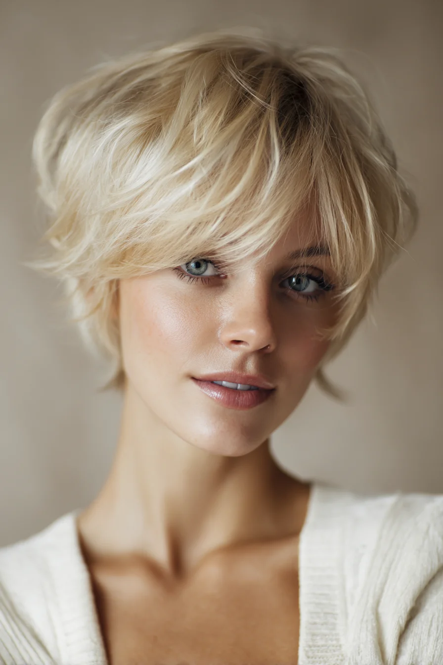 Short Textured Blonde Pixie with Side-Swept Fringe