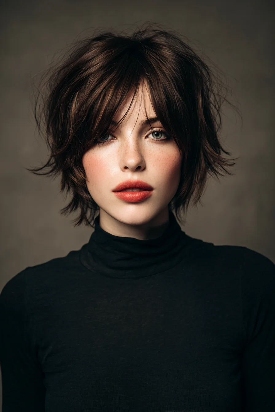 Short Textured Shag with Curtain Bangs and Choppy Layers