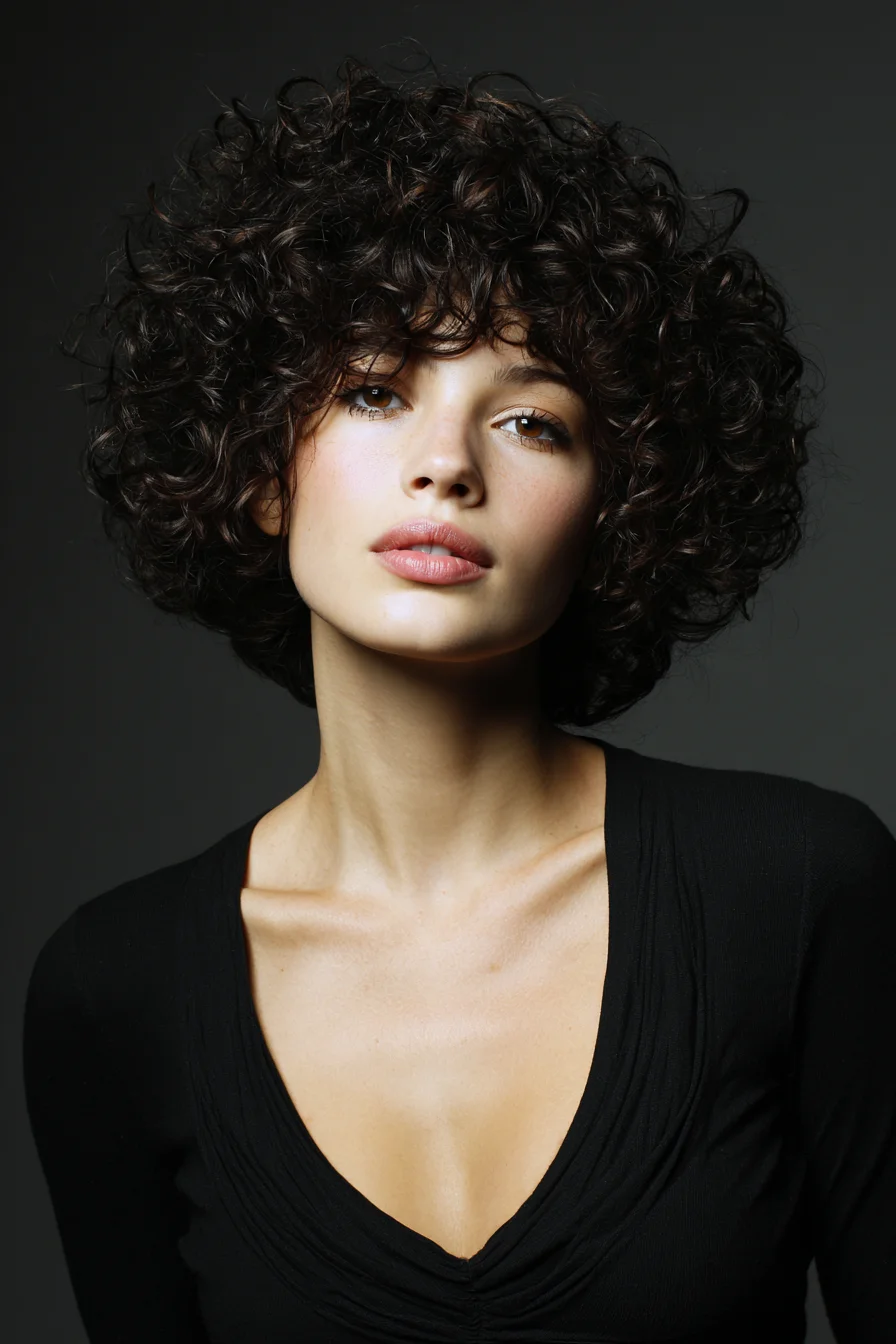 Short Voluminous Curly Bob with Soft Fringe