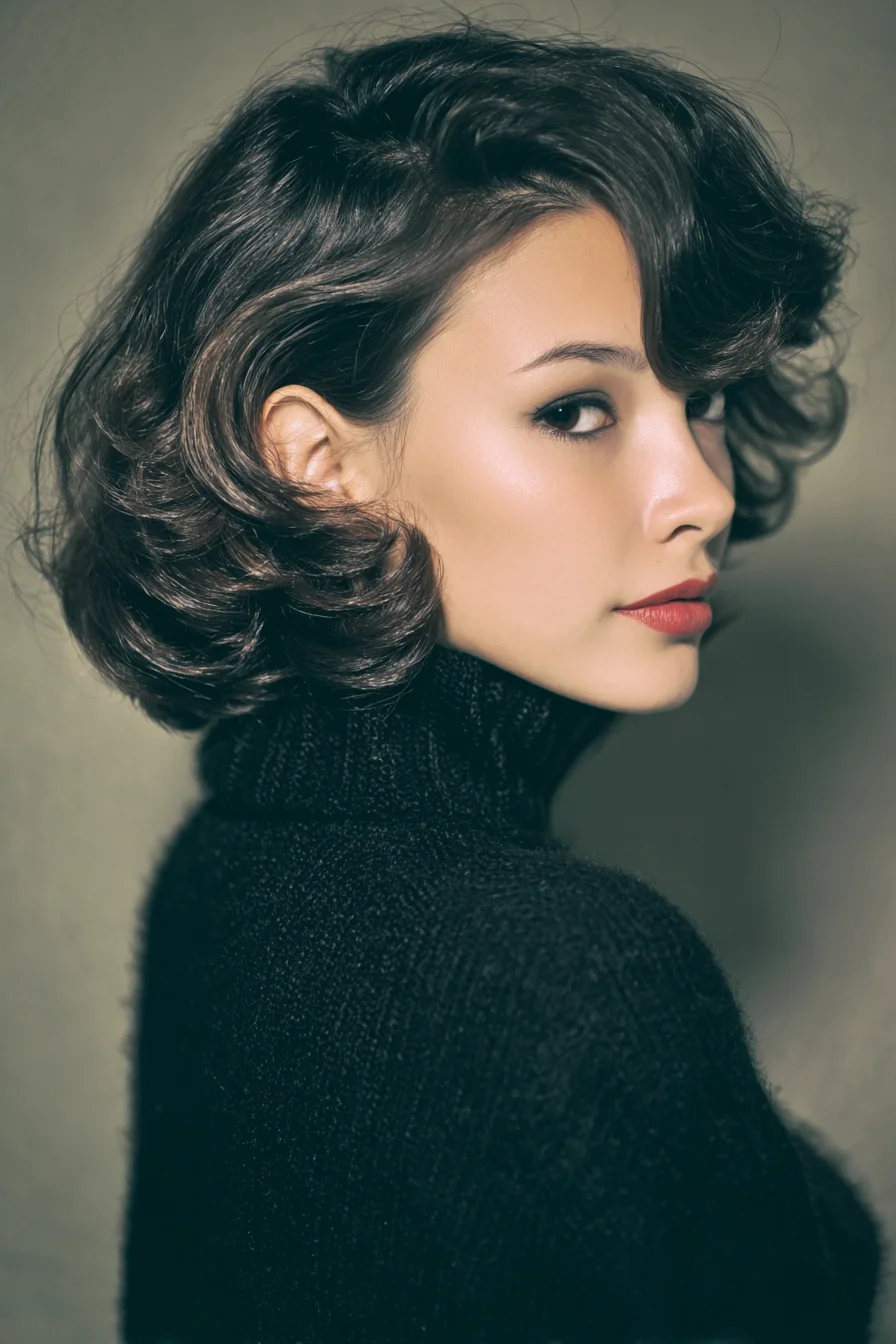 Short Voluminous Wavy Bob with Side‑Swept Fringe