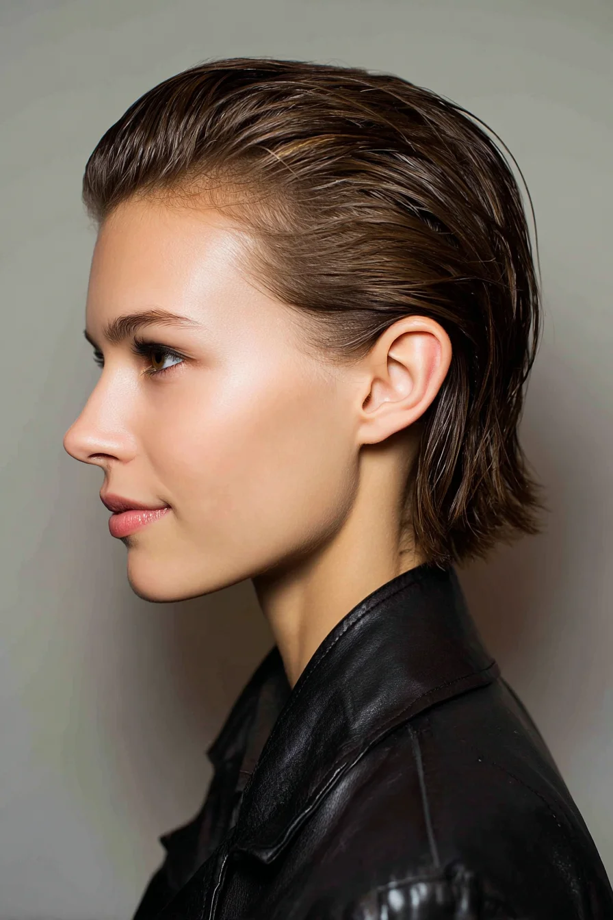 Short Wet-Look Slicked-Back Bob for Fine to Medium Hair