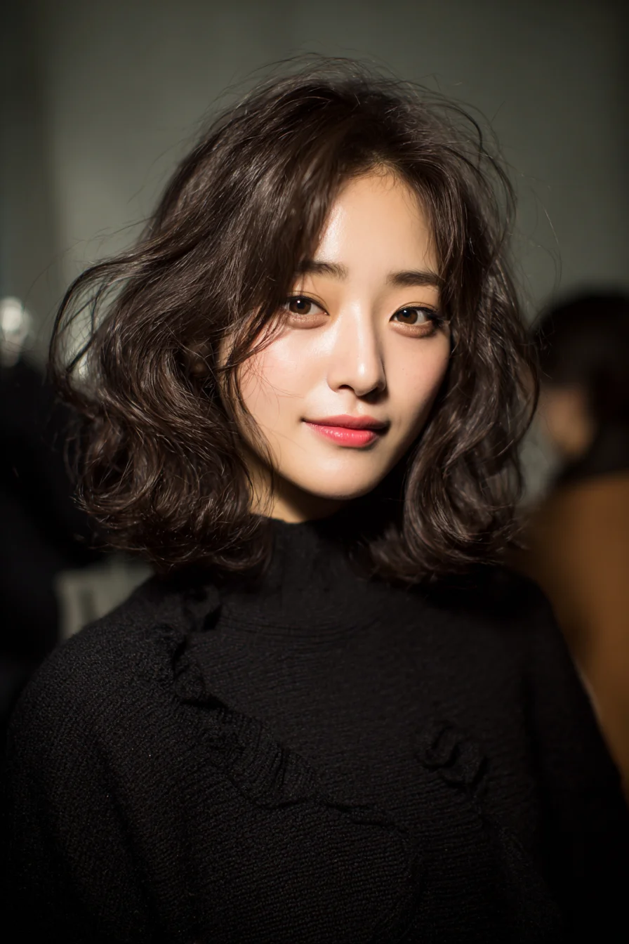 Shoulder-Length Textured Wavy Bob with Soft Curtain Bangs