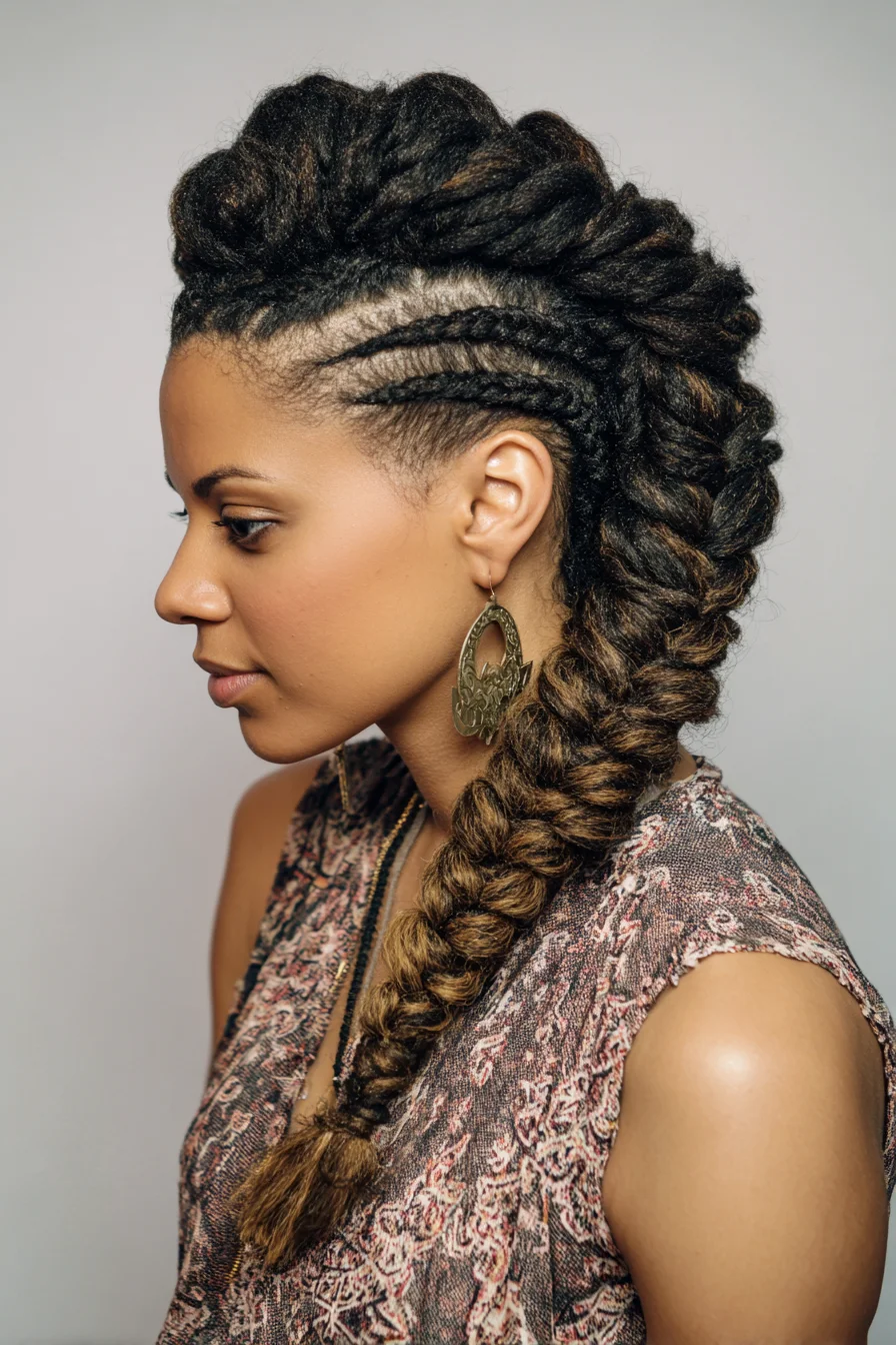 Side Cornrows Into Oversized Pancaked Fishtail Braid for Natural Texture