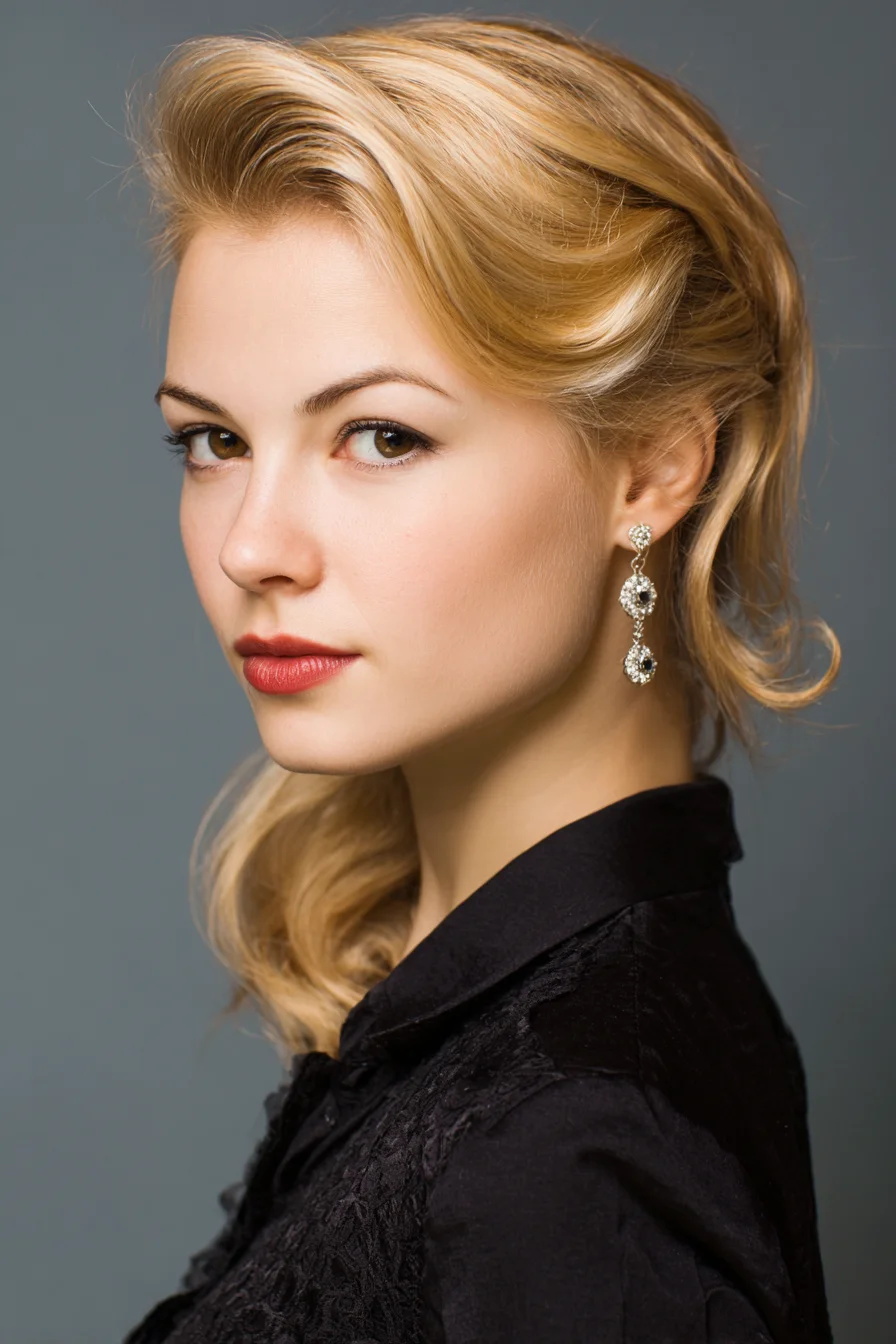 Side‑Swept Vintage Waves — Voluminous Low Sweep for Medium‑Long Hair