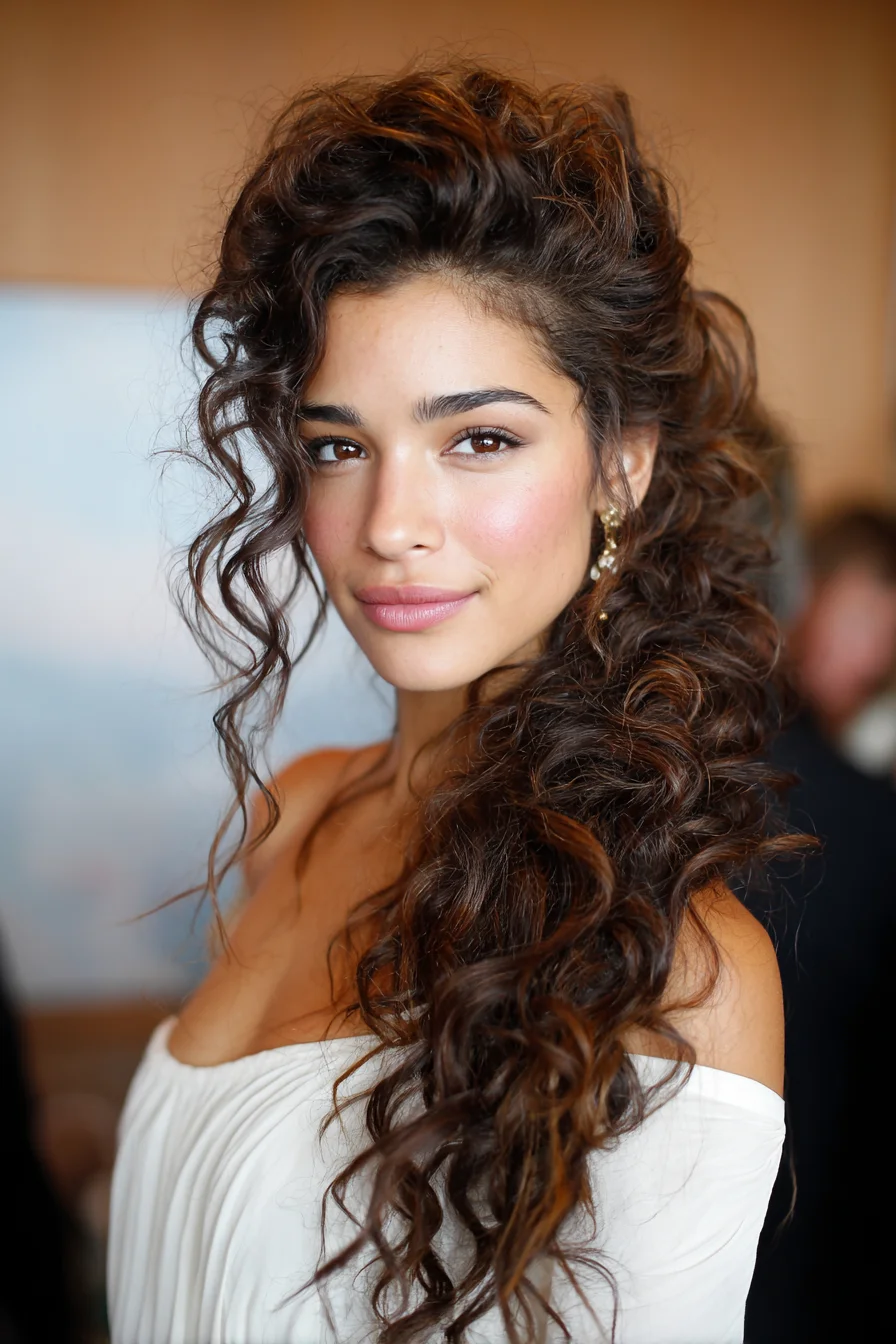 Side-Swept Voluminous Curly Ponytail with Face‑Framing Tendrils