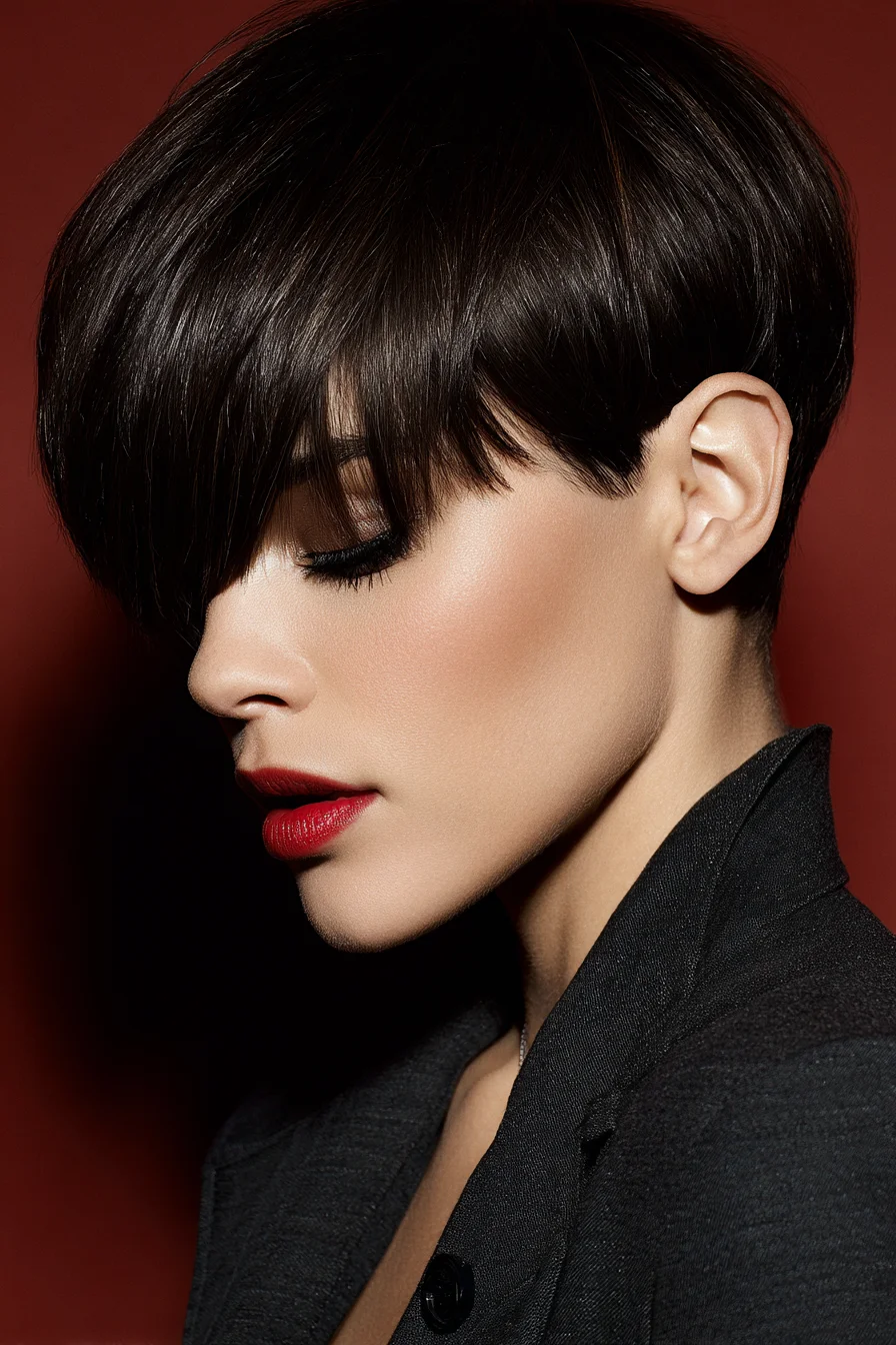 Sleek Asymmetrical Pixie with Long Side Fringe and Tapered Nape