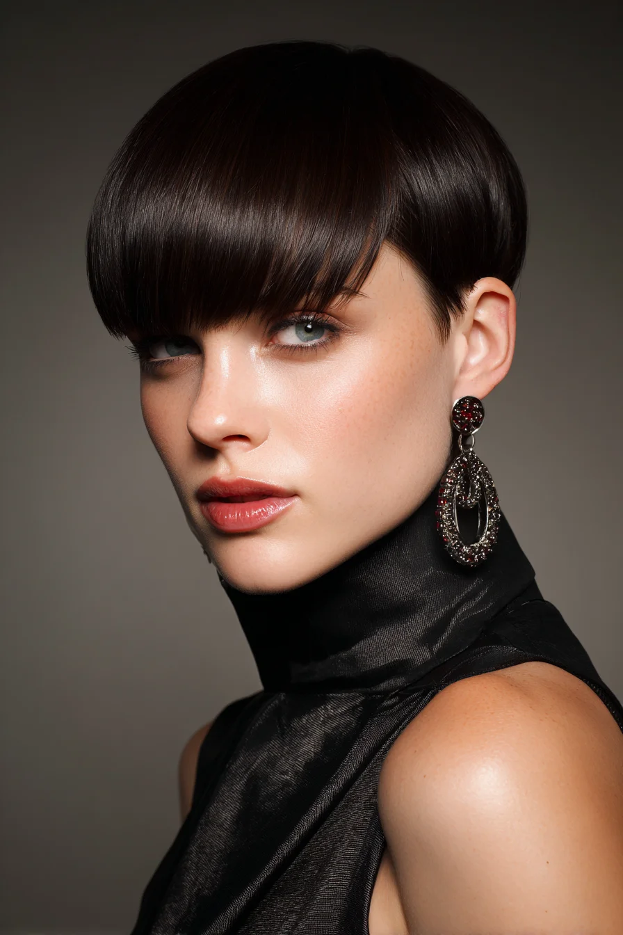 Sleek Blunt Crop with Heavy Fringe — Precision Pixie-Bowl Hairstyle