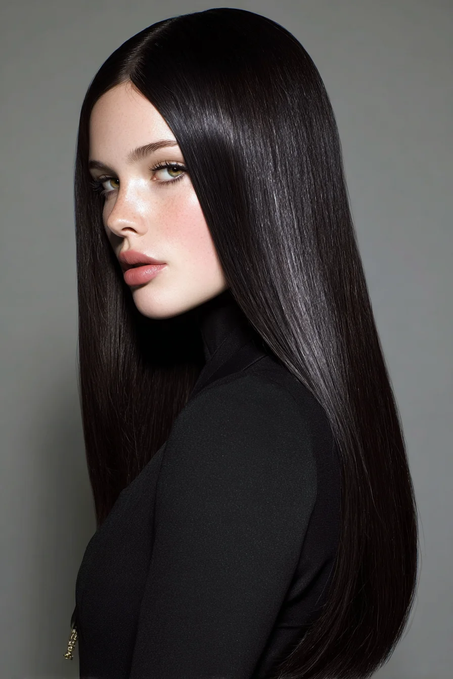 Sleek Center-Part Long Glossy Straight Hair