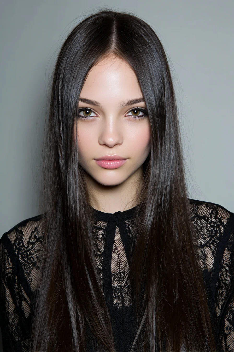 Sleek Center-Part Long Straight Hair with Subtle Face-Framing Layers