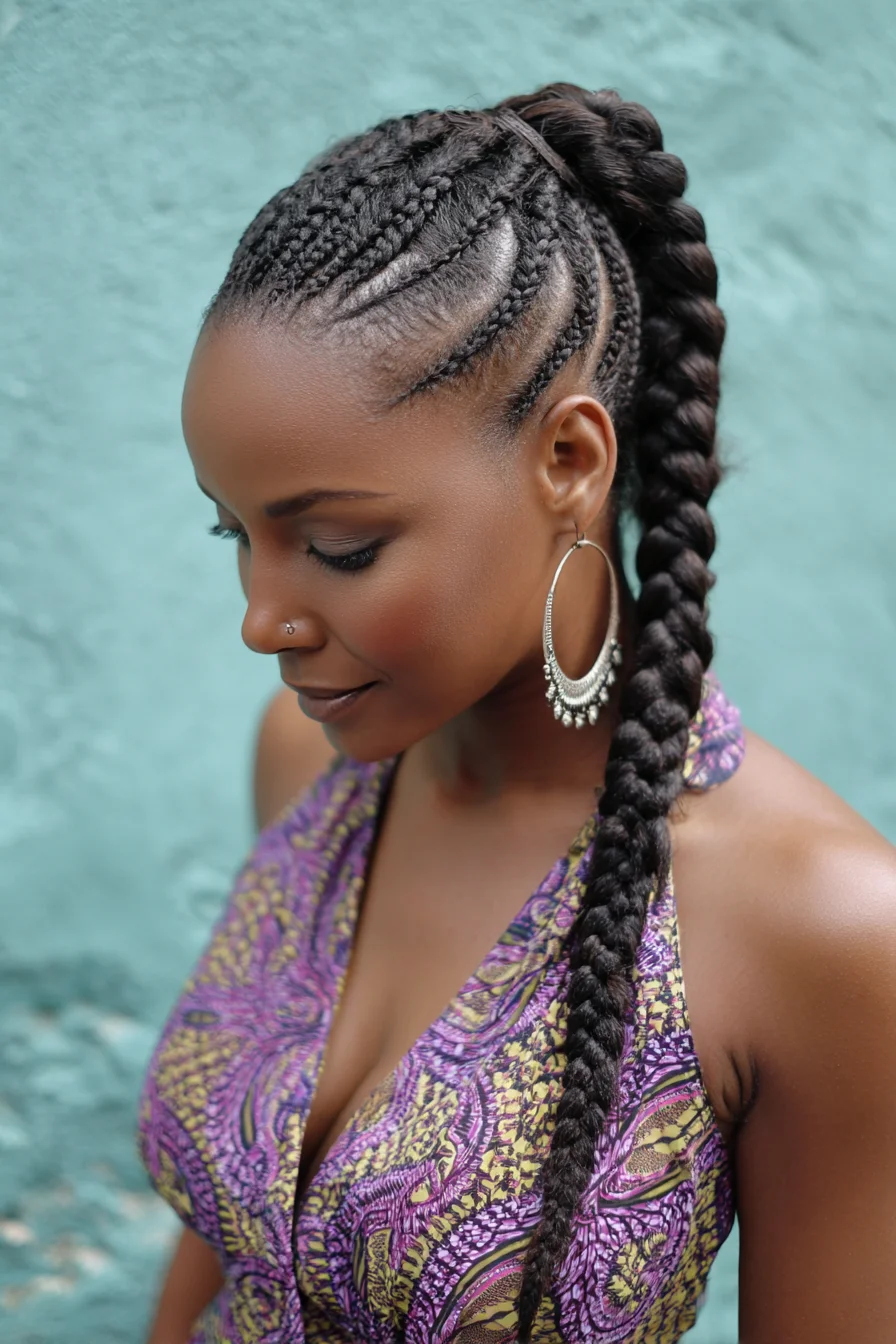 Sleek Cornrow Feed-In Ponytail with Long Thick Braid