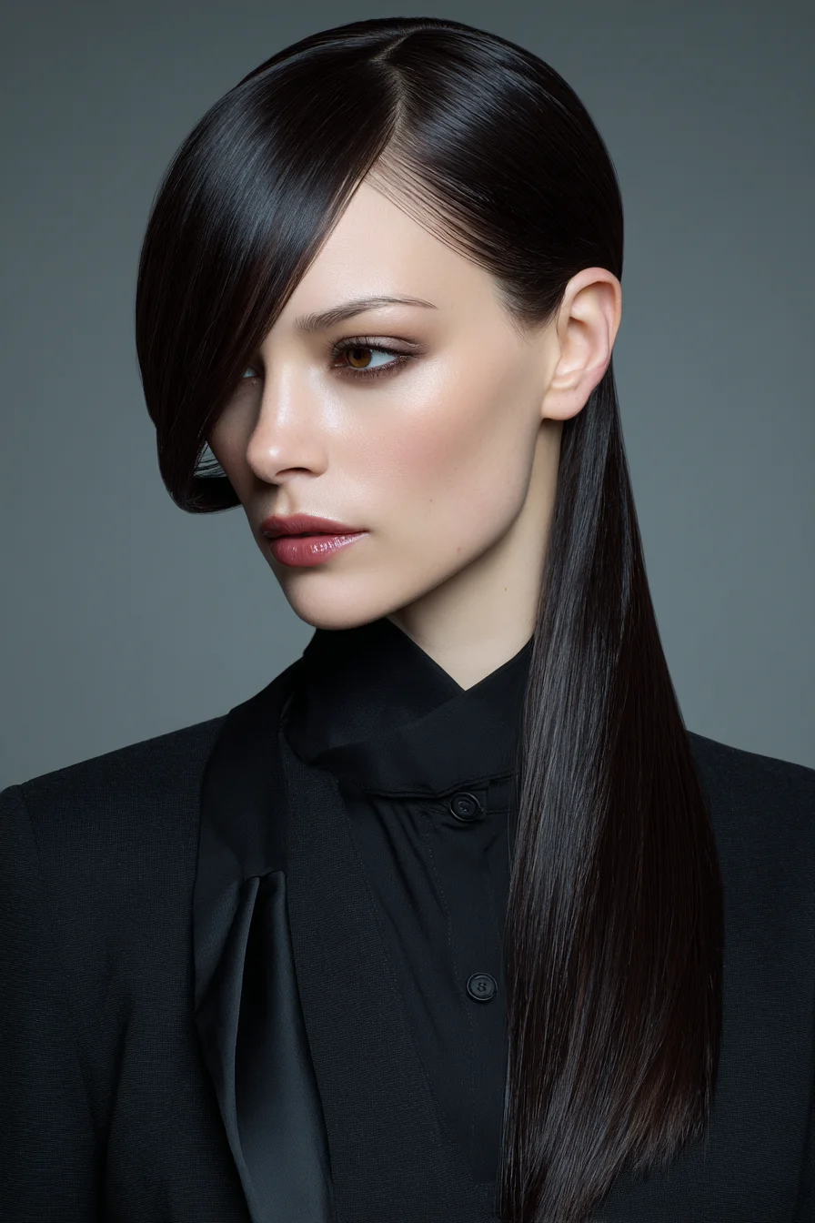 Sleek Deep Side-Part Long Straight Hair with Face‑Framing Sweep