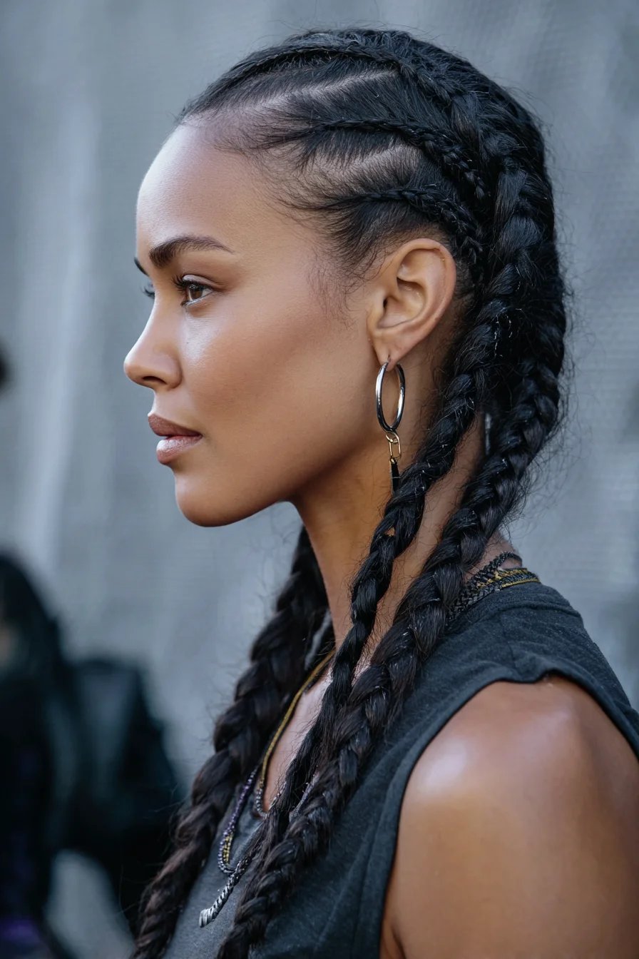Sleek Double Cornrow Braids — Dutch Cornrows Transitioning to Long Braids