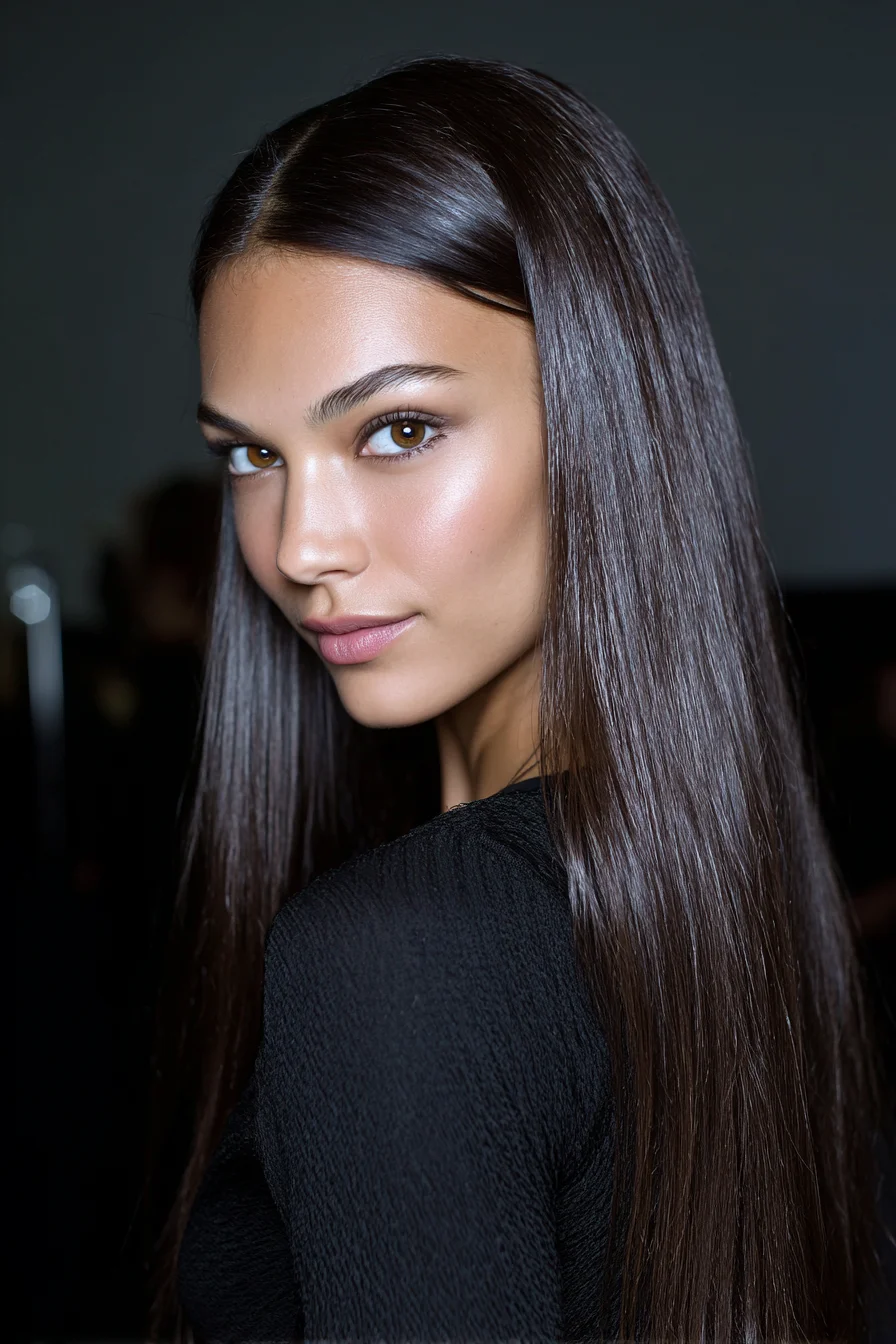 Sleek Glass-Hair: Long Super-Straight Center-Part Style