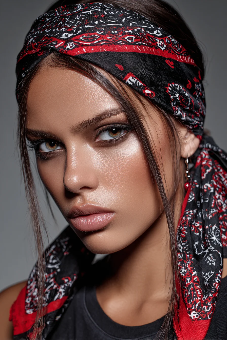 Sleek Headscarf Wrap with Center Part and Face‑Framing Tendrils