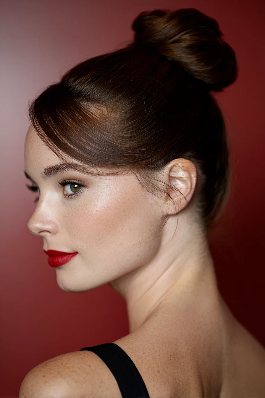 Sleek High Bun with Side‑Swept Fringe — Smooth Updo for Medium to Thick Hair