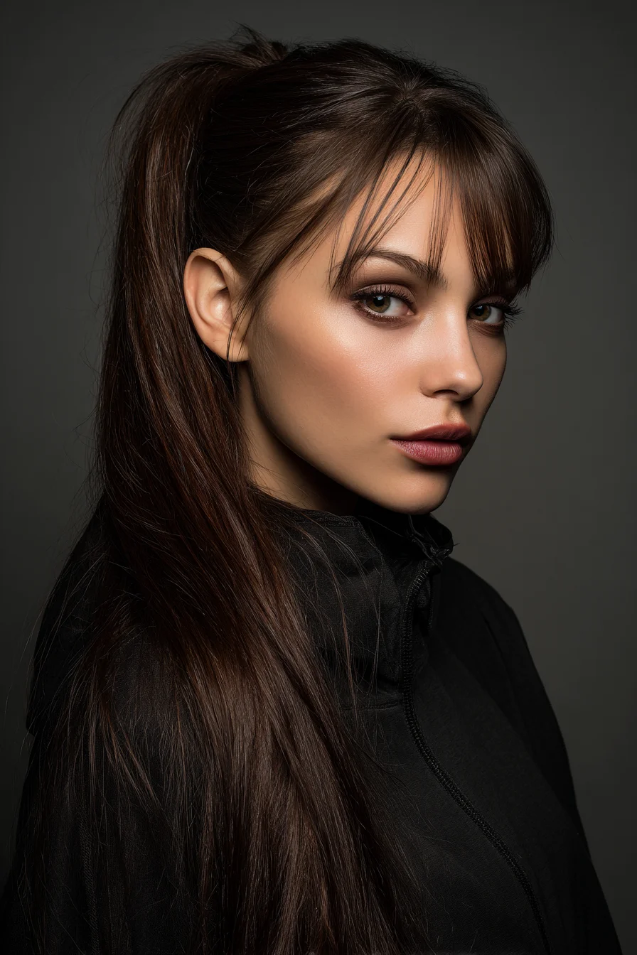 Sleek High Ponytail with Long Straight Hair and Wispy Curtain Bangs
