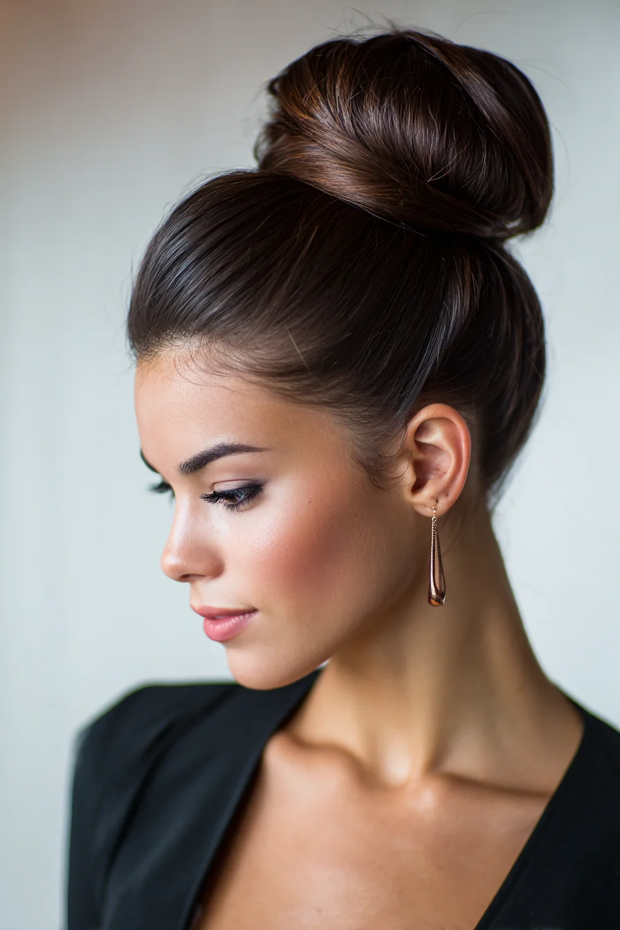 Sleek High Top Knot Bun — Voluminous Formal Updo for Medium to Long Hair