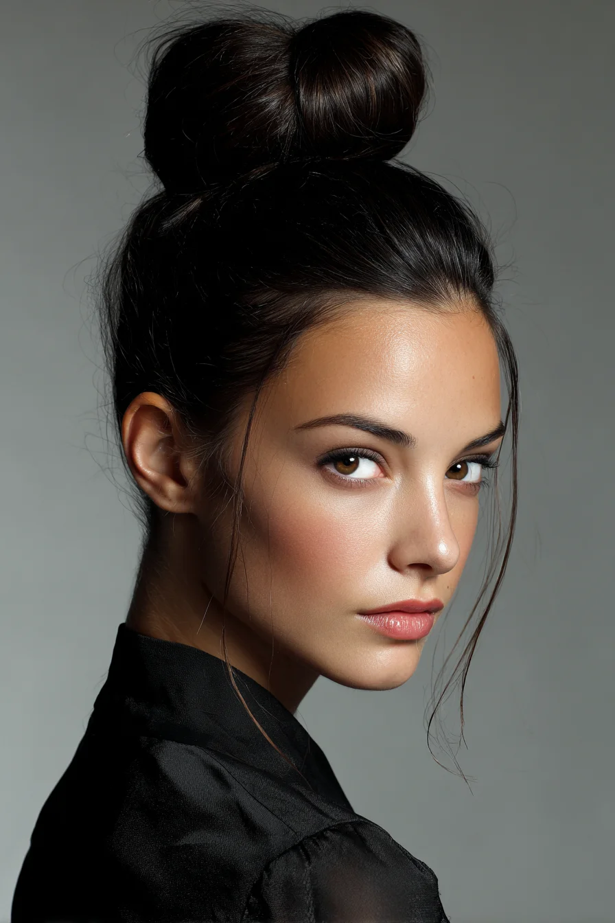 Sleek High Top Knot Bun with Face‑Framing Tendrils